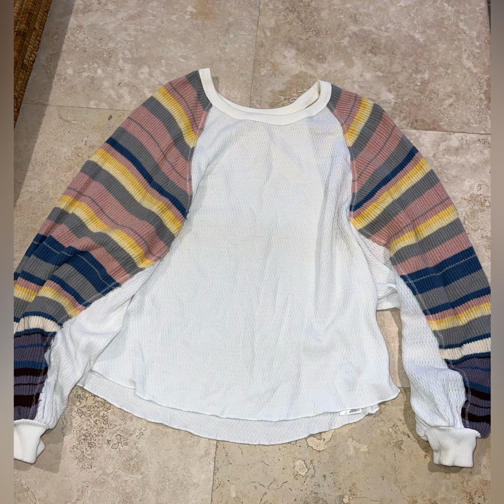 We The Free White and Blue Asymmetrical Long Sleeve Tee